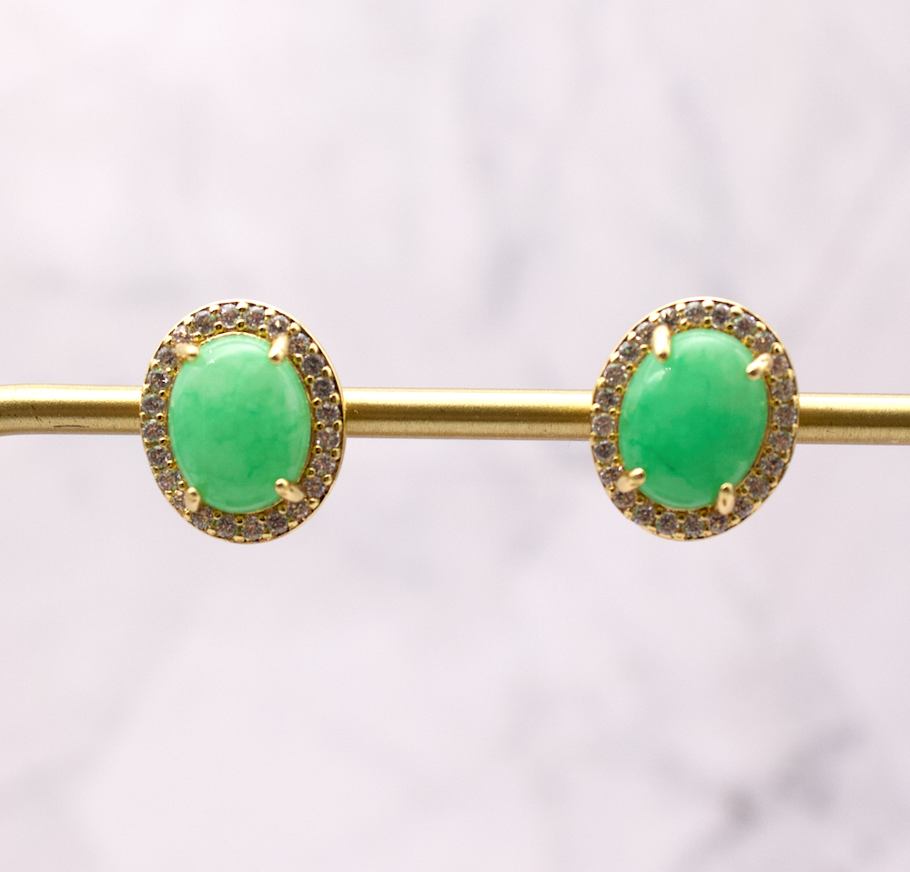 Jade Oval Cabochon with CZ Halo Studs