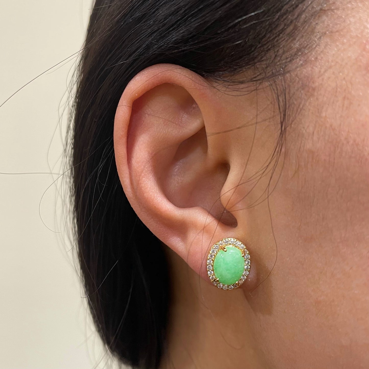 Jade Oval Cabochon with CZ Halo Studs
