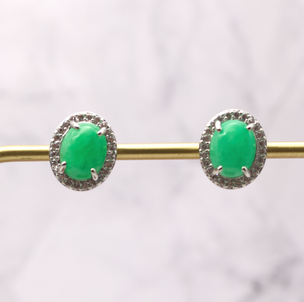 Jade Oval Cabochon with CZ Halo Studs