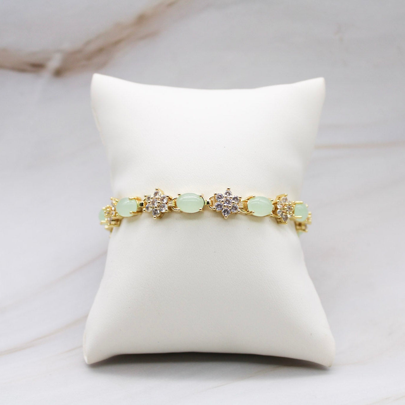 Oval & Floral Motif CZ Jade Bracelet