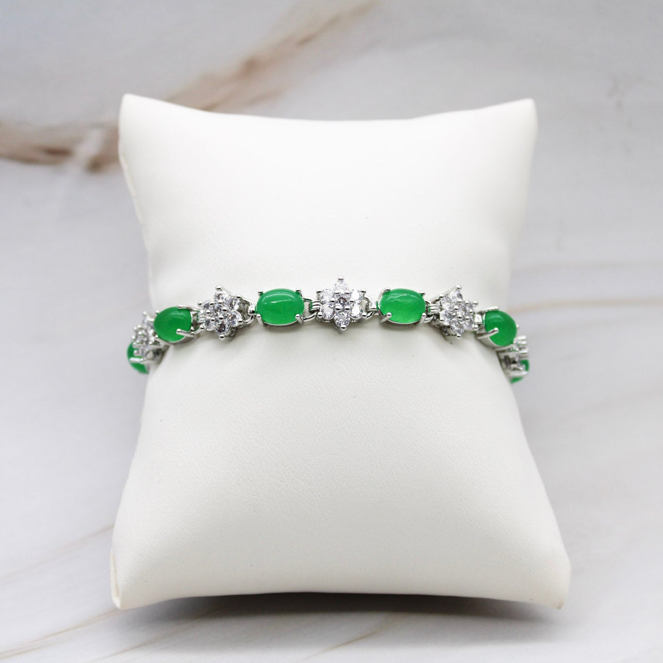 Oval & Floral Motif CZ Jade Bracelet