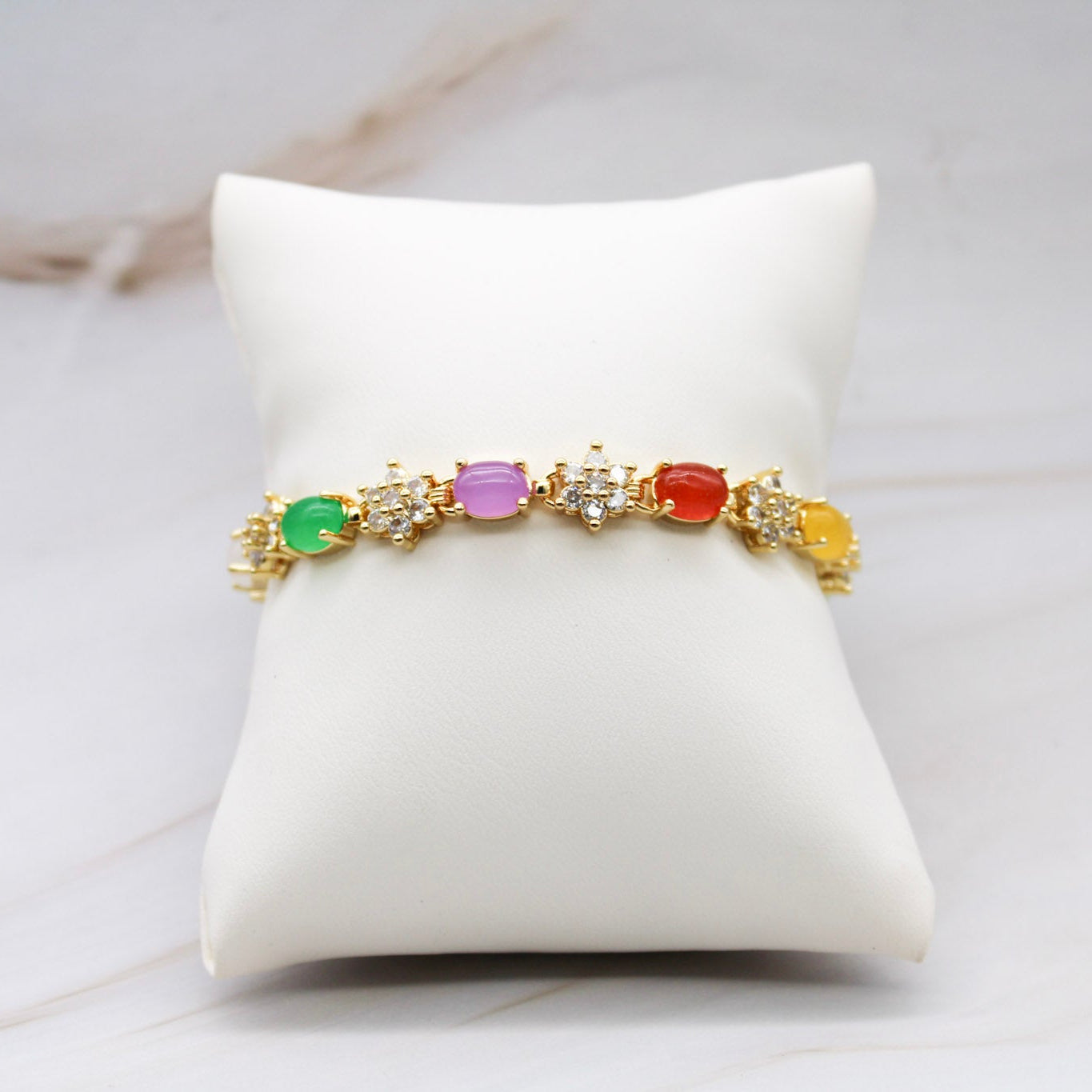 Oval & Floral Motif CZ Jade Bracelet