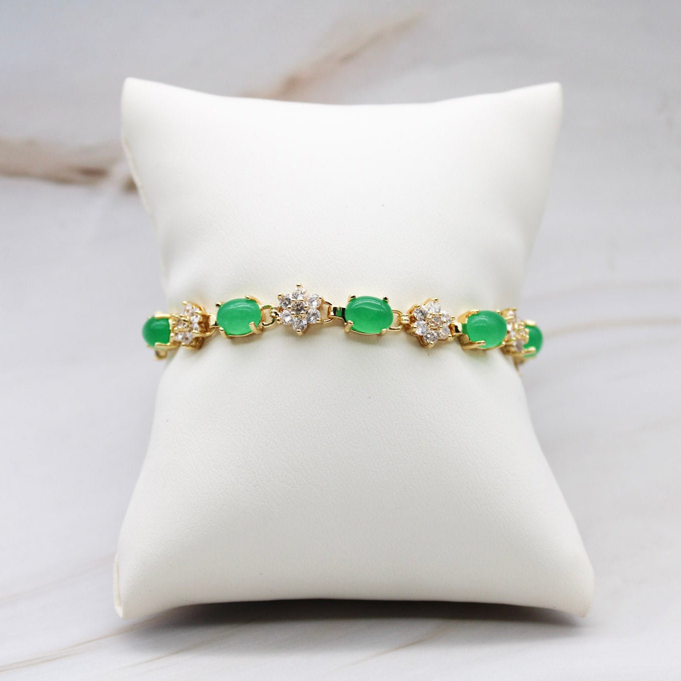 Oval & Floral Motif CZ Jade Bracelet